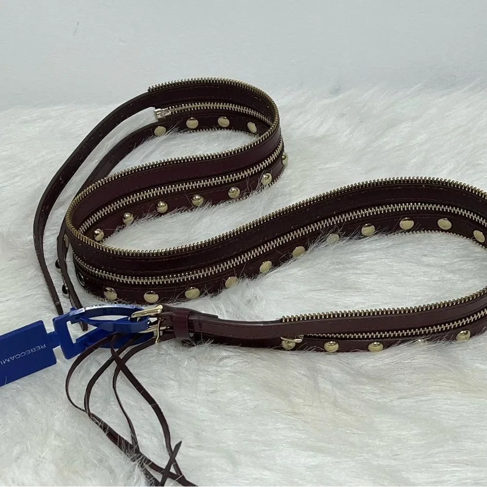 NWOT Rebecca‎ Minkoff Burgundy Burgundy Gold Studded Leather 2 Way Belt -- L